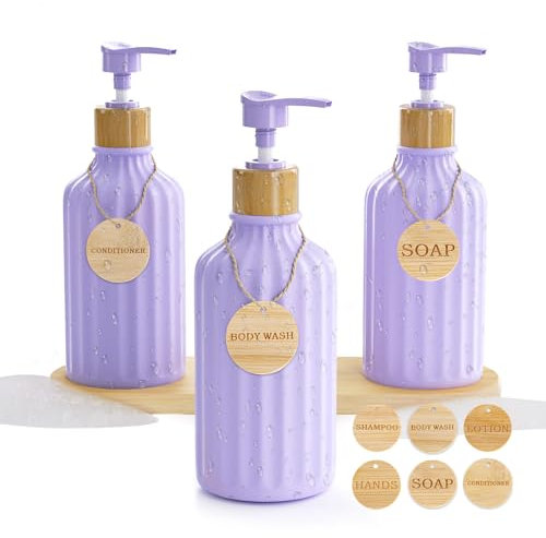 Shampoo and Conditioner Dispenser Set of 3, 16OZ Refillable Purple Shampoo and Conditioner Bottles, Extra-Thick Plastic Empty Body Wash Dispenser with Pump and Tray for Bathroom and Shower