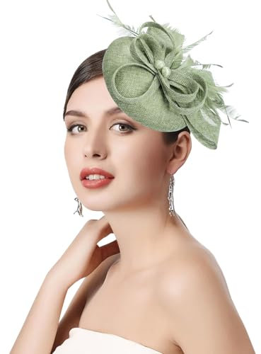 Risipu Women's Fascinators Feathers Tea Party Hat,Veil Headband with Hair Clip for Cocktail Wedding Church (UK, Alpha, One Size, Green)