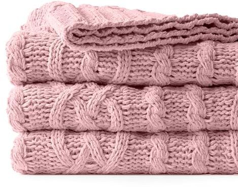 Battilo Pink Throw Blanket for Couch, 130x170cm, Cable Knit Throw Blanket, Woven Chenille Pink Throws for Sofa, Soft Warm Cozy Blush Pink Bed Blanket