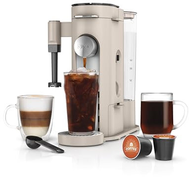 Ninja Pod & Grounds | Coffee Maker | XL Single-Serve | K-Cup Pod Compatible | Brews Grounds | Compact Design | Built-In Milk Frother | 68-oz. Reservoir, 6-oz. Cup to 24-oz. Mug Sizes | Stone |PB055AST