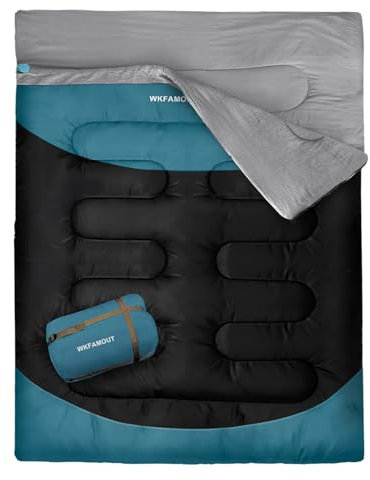 WKFAMOUT Doppelschlafsack für Erwachsene Maschinenwaschbar Schlafsack Deckenschlafsack 2 Personen Schlafsäcke Outdoor wasserdichte Winter mit Aufbewahrungstasche 220x150CM Cyan