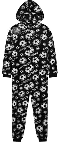 Get Trend Fleece Onesie for Boys Teens, Hooded Loungewear Warm Pyjamas, Football Cosy Jumpsuit Nightwear, Gifts for Boys (7-8 Years, Black Football)