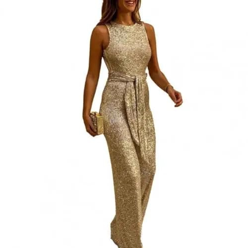WOYUANSHA Jumpsuits Body Bodysuit Damen Pailletten-Spitze Mit Breitem Bein Jumps Uit Mit Elegantem Rücken Losem Rundhals Ärmel Los Stram Pler Lange Hosen Für Damen Freizeit Kleidung