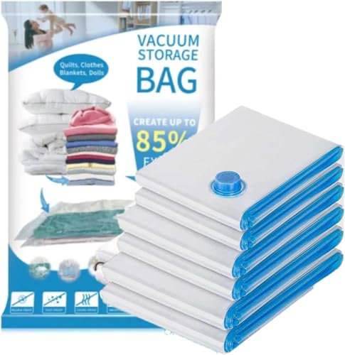 Vacuum Storage Bags Pack of 6 (2 Medium, 2 Large, 2 Jumbo) - Space-Saving Compression Bags with Airtight Seal - Reusable Zipper Bags for Clothes, Duvets, Bedding - Compatible with Vacuum Cleaner