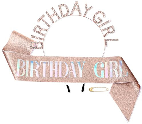 simarro Geburtstag Kronen Mädchen Geburtstag Schärpe, Strass Geburtstag Kopfschmuck Gold Haarband Prinzessin Birthday Schärpe und Tiara Stirnband für Mädchen Frauen Geburtstag Dekoration