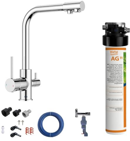 BieTal® Trinkwasserfilter Aktivkohle 3-Wege Wasserhahn Messing Chrom poliert glänzend sauberes & frisches Wasser für dein Zuhause Praxis Büro Wohnmobil Aktivkohlefilter Wasserfiltersystem Wasserstop