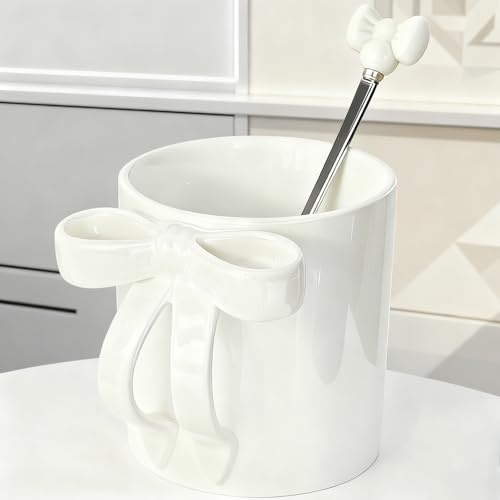 Disoza Tasse à café blanche avec nœud 350 ML Tasse en céramique avec nœud et anse Mignonne tasse à café et à thé en porcelaine