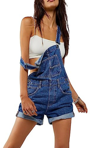 LYSINK Salopette da donna in denim con bretelle regolabili tasca pagliaccetto pantaloncini casual gamba dritta arrotolato polsino pantaloncini pagliaccetto, Ba Blu, M