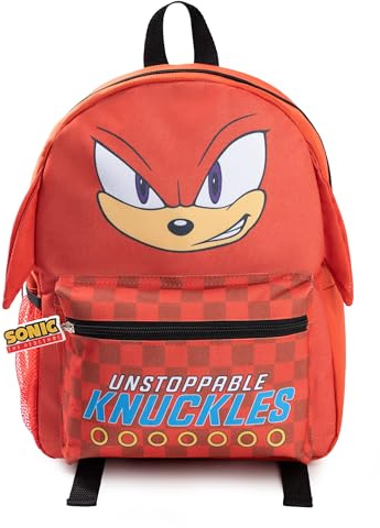 Sonic The Hedgehog Kinder-Rucksack „Knuckles the Echidna“ in 3D | Rot karierte Reißverschluss-Fronttasche mit „Unstoppable Knuckles!“-Text | Charakter-Reisetasche für die Schule