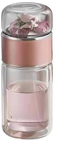 Loose Leaf Tea Colander Cup, Tea Infuser Bottle, Double Wall Glass Travel Mug, Heat Proof Tea Tumbler, Glass Water Tea Tumbler for Workplaces, Houses, Colleges, Rose Gold, 16.9 Oz