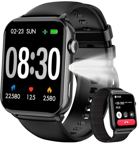 IOWODO Smartwatch Herren Damen | Bluetooth Anrufe & LED-Leuchte | SpO2 & Schlafüberwachung | 350mAh (6+ Tage) | 2 Armbänder (Silicone/Nylon) | Fitnessuhr für Android & iOS