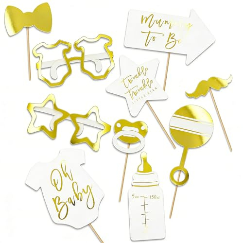 Fesnova 10 Stück Babyparty Foto Requisiten, Gold Baby Shower Fotoaccessoires, für Babyshowerparty Deko, Babyparty Fotobox Party