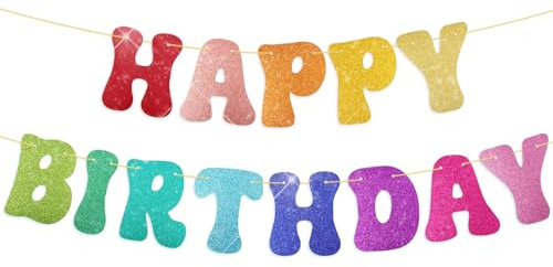 Glitzer Happy Birthday Girlande, Regenbogen Geburtstagsgirlande aus Karton | mit 4m Goldkordel zum Selberfädeln, Bunt Geburtstagsdeko Banner für Kindergeburtstag Geburtstag Party