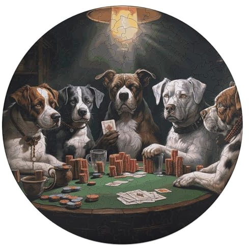 Playing Poker Dogs Personalized Jigsaw Puzzles, 195Pcs Custom Wooden Jigsaw Puzzle Round Puzzle Gift Adult