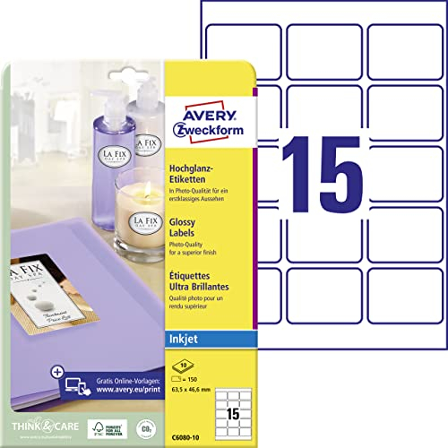 AVERY Zweckform C6080-10 Hochglanz-Etiketten (150 Glossy Aufkleber, 63,5x46,6mm auf A4, selbstklebend, bedruckbar, hochglänzendes Papier zur Produktkennzeichnung, für Inkjet-Drucker) 10 Blatt, weiß