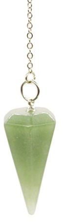 Péndulo radiestesia hecho de cristal de aventurina verde natural para adivinación Chakra Reiki, puntiagudo con cadena y bolsa de joyería