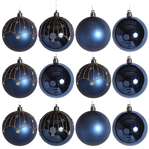 Set Of 12 Great Gatsby Navy Blue Sparkle Christmas Tree Baubles Decorations