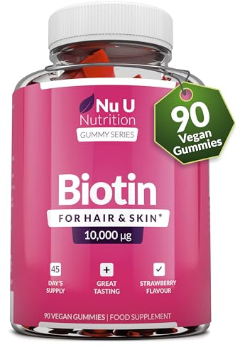 Biotin Hair Gummies 10,000mcg - 90 Vegan Gummies - Strawberry Flavour - Supports Normal Skin & Hair Growth - Chewable Hair Vitamins - Made in The UK - Nu U Nutrition