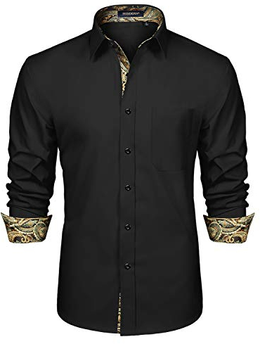 HISDERN Mens Paisley Shirts Long Sleeve Fashion Classic Collar Button Down Casual Formal Party Prom Concert Dress Shirts Noir-3 M