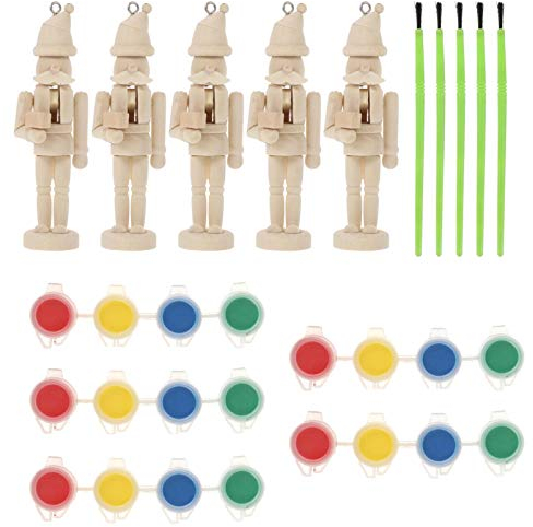 HEALLILY 5 Sätze Weihnachten Nussknacker Figuren Puppe Kinder DIY Holzfiguren zum Bemalen Basteln Holz Dekofigur mit Pigment Stifte Weihnachtsbaum Anhänger Ornamente Tischdeko Xmas Deko Geschenke