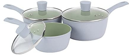 Salter BW09283AR Earth Saucepan Set – 3 Piece Healthy Ceramic Non-Stick Coating, PFAS-Free Induction Cookware, Aluminium Cooking Pots with Lids, Easy Clean, PFOA/PTFE-Free, Stay Cool Handles, Green