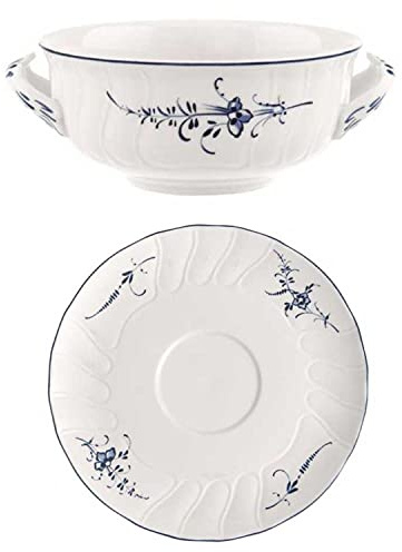 Villeroy & Boch Vieux Luxembourg Suppentasse & Untertasse weiß blau Porzellan