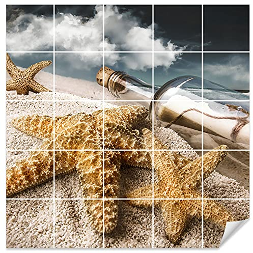 GRAZDesign Fliesenaufkleber Bad Wandfliesen selbstklebend, Strand & Seestern Klebefliesen - 20x25cm / Flaschenpost mit Seesternen