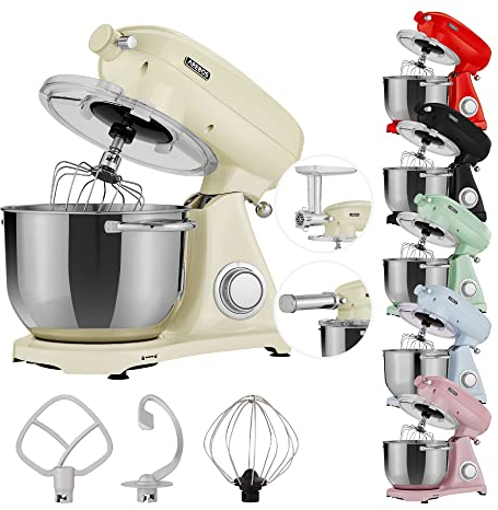 Arebos Retro Küchenmaschine 1800W Creme | Knetmaschine mit 6L Edelstahl-Rührschüssel | Geräuscharm | Küchenmixer mit Rührhaken, Knethaken, Schlagbesen und Spritzschutz | 6 Geschwindigkeiten