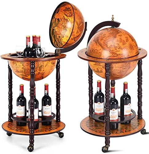 GOPLUS Mappamondo Bar Porta Bottiglie Scaffale per Vino in Modello Mappamondo Vintage Artistico, Supporto Robusto di Legno, con 3 Ruote 88x44,5x44,5cm (Marrone 47 X 47X 90 cm)