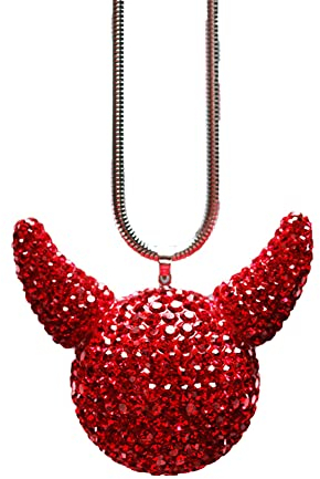 Strass Auto Rückspiegel Anhänger Ornamente,Asudaro Bling Auto Horn Kopf Kristall Anhänger Auto Teufel Anhänger Kristallkugel Innenspiegel Anhänger Crystal Auto Rückspiegel Zubehör für Frauen,rot