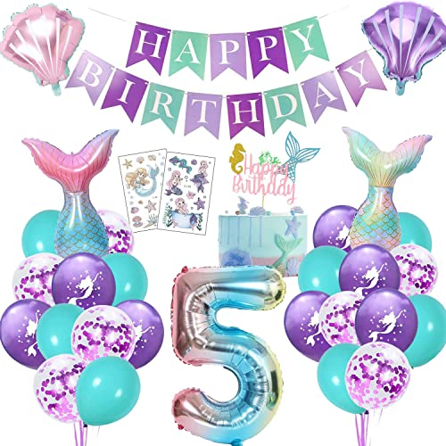 Meerjungfrau Geburtstag Deko 5 Jahre, Kindergeburtstag Luftballon Mädchen, Meerjungfrauen Thema Party Set mit Folienballon, Happy Birthday Girlande, Cake Topper und Tattoos
