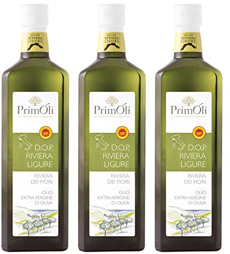 Olio extra vergine d'oliva DOP Riviera Ligure PrimOli dalla provincia di Imperia, fruttato leggero con decisa sensazione di dolce, ideale usato a crudo su piatti di pesce, 3x500 ml