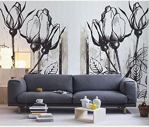 SHINERING Papier peint 3D de fleurs de papier peint de fleurs de roses noires de texture de bois pour le fond de sofa 200cm (L) × 140cm (H)