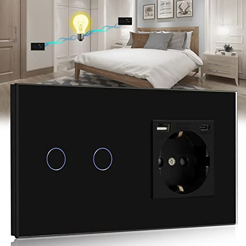 BSEED Interruttore della Luce Touch Con Presa USB e Porta Tipo C - 2 Vie, Da Incasso Con Cornice in Vetro Nero, 500 W, Max 2,1 A