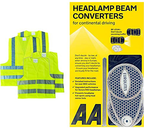 AA High Visibility Fluorescent Safety Vests AA0507 - Family Pack Two Adults Two Children & Headlight Beam Converters Adaptors Benders AA8338 – EU Driving Essential – 1 Pair, Grey