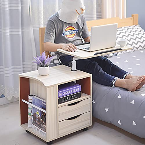 JAYEUW Lazy Laptop-Schreibtisch, Abnehmbarer Nachttisch-Hubtisch mit drehbarer Platte, Nachttisch mit Schublade, Rädern und offenem Regal, höhenverstellbarer multifunktionaler Hubtisch