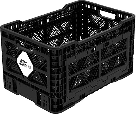 Bigant Milchkiste, robust, zusammenklappbar, stapelbar, Kunststoff, mittelgroß, schwarz, stapelbar, vorne offen, 1 Stück, Schnappverschluss, faltbar, für industrielle Garage, Aufbewahrungskorb