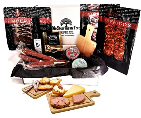 Spanische Gourmet-Tapas-Korbbox - iberische Chorizo und iberischer Schinken + Iberische Trüffelpasteten und süßer Wein + 3 Stück Fuets + natives Olivenöl + Gourmet-Brot +Tapas aus Holz als Geschenk