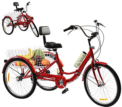 Futchoy Dreirad für Erwachsene, 24 Zoll Klappbar 3 Rad Fahrrad für Erwachsene mit Korb, 7 Gänge Cruise Citybike, Max. Belastung 140kg, Fahrrad für Herren, Damen (Rot)