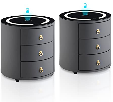 TUKAILAi Luxurious Round Bedside Table Set of 2 with Wireless Charging Faux Leather Covered Nightstand with 3 Solid Wood Drawers Bedroom Cabinet with LED Light for Home Bedroom