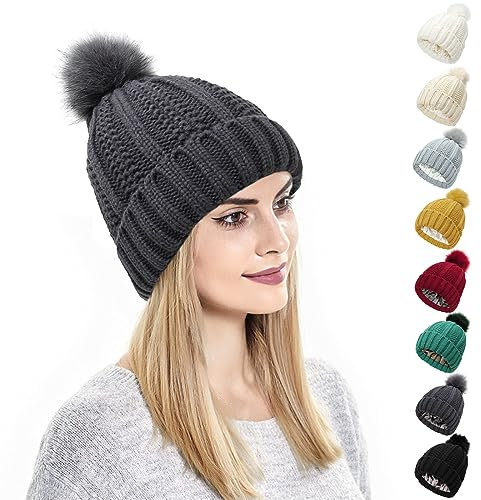 Kunyeah Damen Winter Beanie Mütze Strickmütze mit Pompon Satin Seide gefüttert Hut Warm Einfarbig Hut für Frauen Mädchen