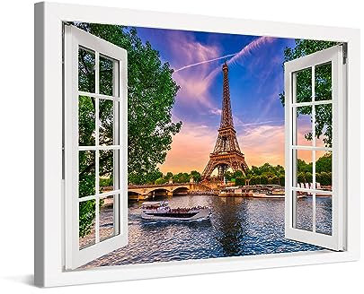 PICANOVA – Leinwandbild 30x20cm Eiffelturm Paris Fenster – Leinwanddruck – Wandbild Kunstdruck Auf 2cm Holz-Keilrahmen Für Schlaf- Und Wohnzimmer Wanddekoration – Bild auf Leinwand