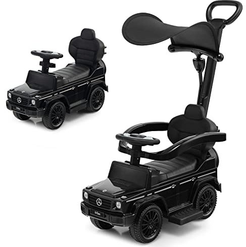 COSTWAY 3 in 1 Ride on Push Car, Licensed Mercedes Benz Foot to Floor Slider with Removable Push Handle & Guardrail, Adjustable Canopy, Horn Sound and Under Seat Storage (Black)
