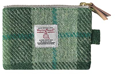 Harris Tweed Mini-Münzgeldbörse, handgefertigt, Lippenstift-Tasche, Vintage, britisch, tragbar, Kreditkarten-/Ausweis-Geldbörse mit YKK-Reißverschluss für Damen und Herren, Hellgrün, Kunstkariert