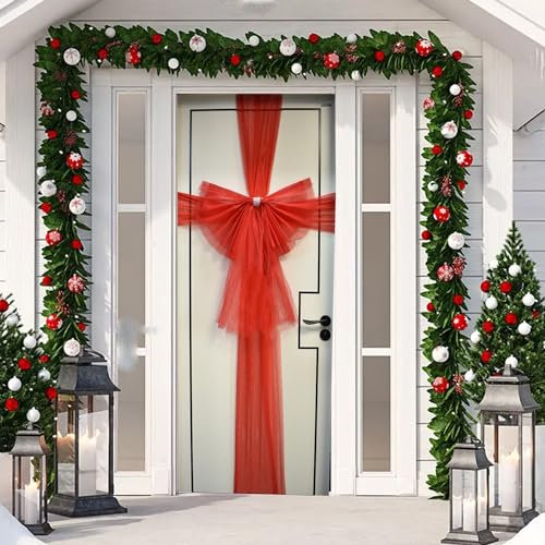 Chexin Grande decorazione rossa per porta di Natale con diamante e fiocco, decorazione per porta con strass, per Natale, matrimoni, feste, in tulle e veranda (rosso)