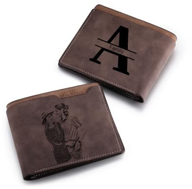 MeMeDIY Personalisierte Bifold Leder Brieftaschen für Männer Individuell Foto/Initiale/Text Herren Geldbörsen Personalisierte Brieftasche Geschenke für Männer Freund Vater (A1-Initialen, Dunkelbraun)