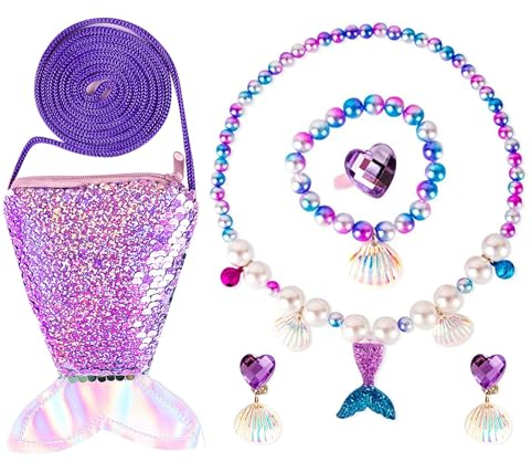 AYNKH Mermaid Jewelry Bag Geschenk für Mädchen, Halskette Ohrringe Armband Ring Mädchen schräg Umhängetasche Set Prinzessin Cosplay Dress Up Geburtstag Party Zubehör