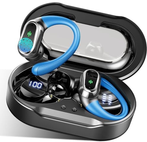 Wireless Earbuds, Bluetooth 5.3 Headphones Sport Hifi Stereo HD Mic, 50H Playtime Bluetooth Earphones Dual LED Display, IP7 Waterproof Noise Cancelling Ear buds with Earhooks Running, Light Blue