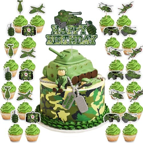 Boerni Camouflage Geburtstag Kuchen Topper, Grün Camo Geburtstag Cupcake Topper, Army Soldat Military Kuchen Dekoration, Camo Thema Geburtstag Kuchen Supplies JW2104