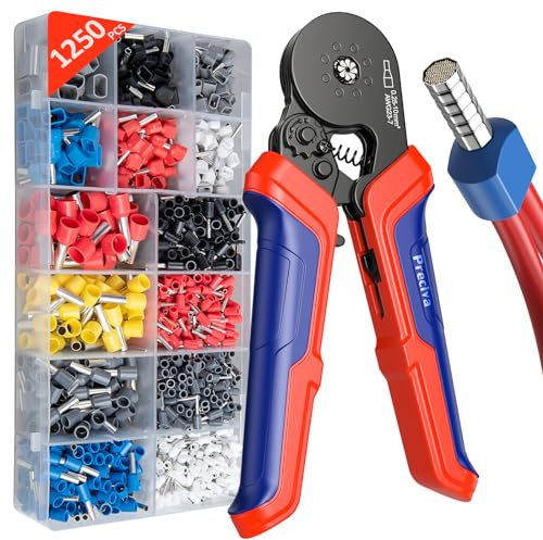 Preciva Kit d'outils de sertissage de virole avec 1250 connecteurs simples et doubles, pince à sertir à 8 côtés AWG 28-5 auto-réglable à cliquet
